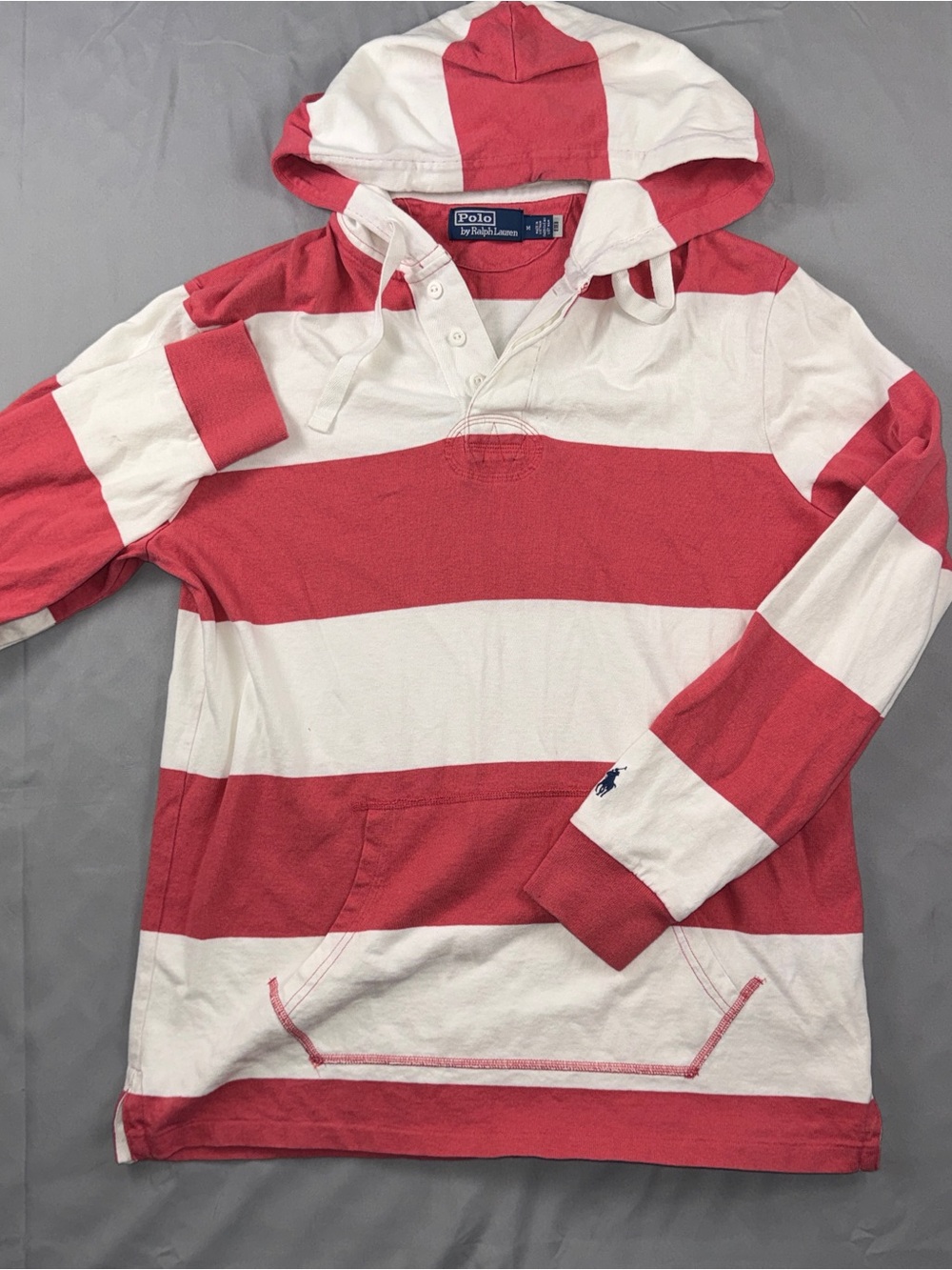 Polo Ralph Lauren Hoodie Mens Medium Red White Stripe Pullover Rugby Pocket